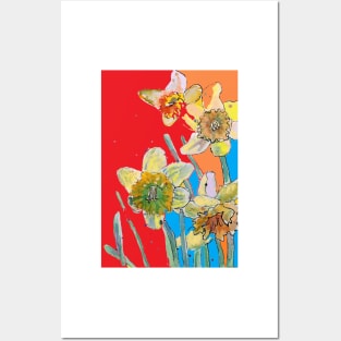 Abstract Yellow Daffodil Watercolor Pattern on Red, Orange and Blue Posters and Art